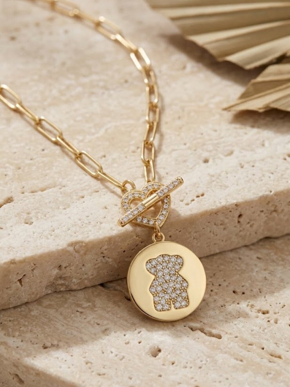 18K PVD Gold Plated Paperclip Chain Bear Charm Toggle Necklace Coquette 15.5"